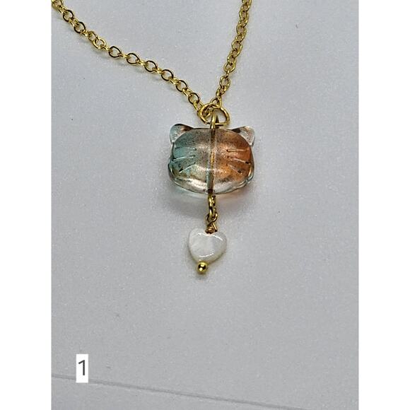 Handmade Glass Cat Necklace Pendant Shell Heart Gold-Plated Adjustable Chain - Picture 5 of 8